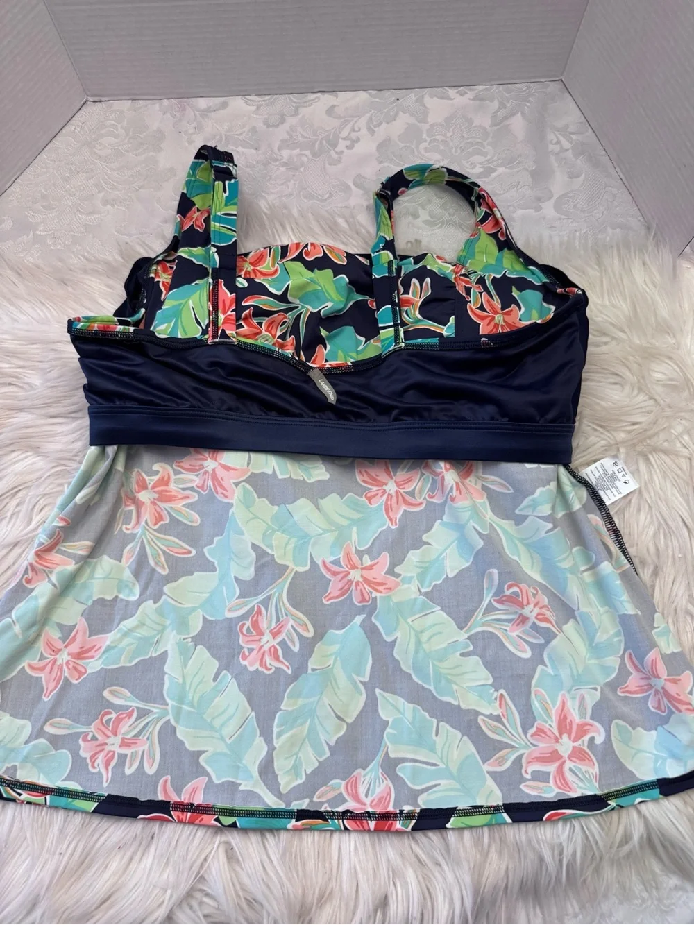 Lands' End 18W Mastectomy Tankini Top Blue Green Floral Swimsuit Modest